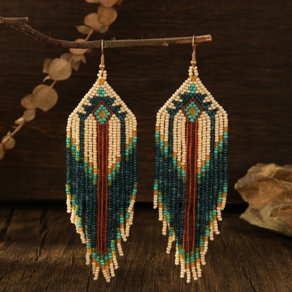 Bohemian Teal & Cream Beaded Fringe Earrings